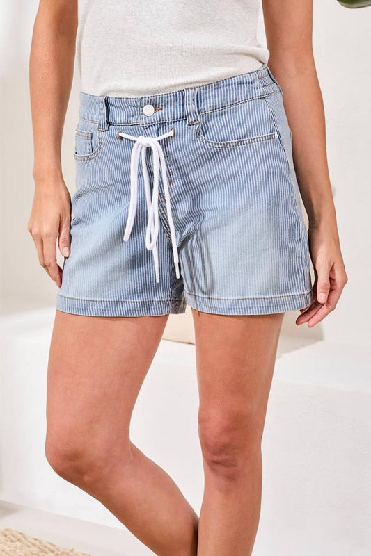 Blue Pinstripe Drawstring Denim Shorts