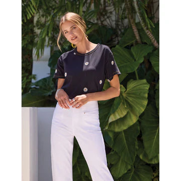 Classic Black Top with Embroidered Daisies