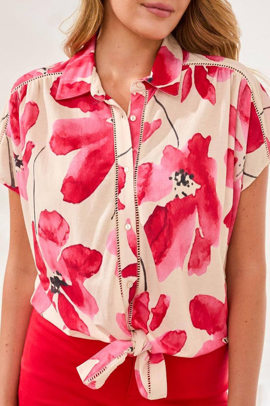 Floral Button Front Tie Up Top