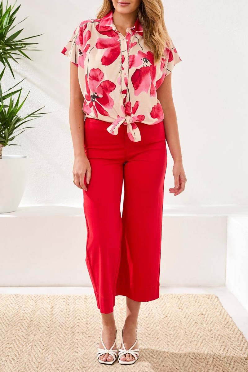 Floral Button Front Tie Up Top