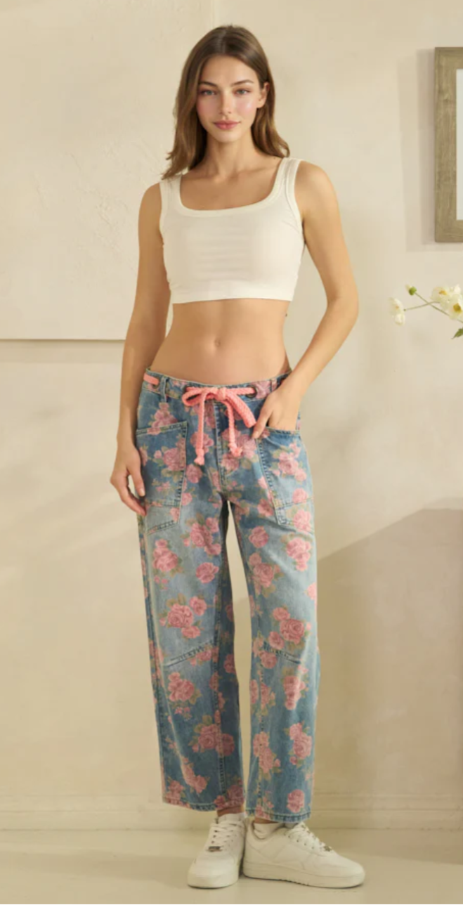 Washed Floral Barrel Jeans