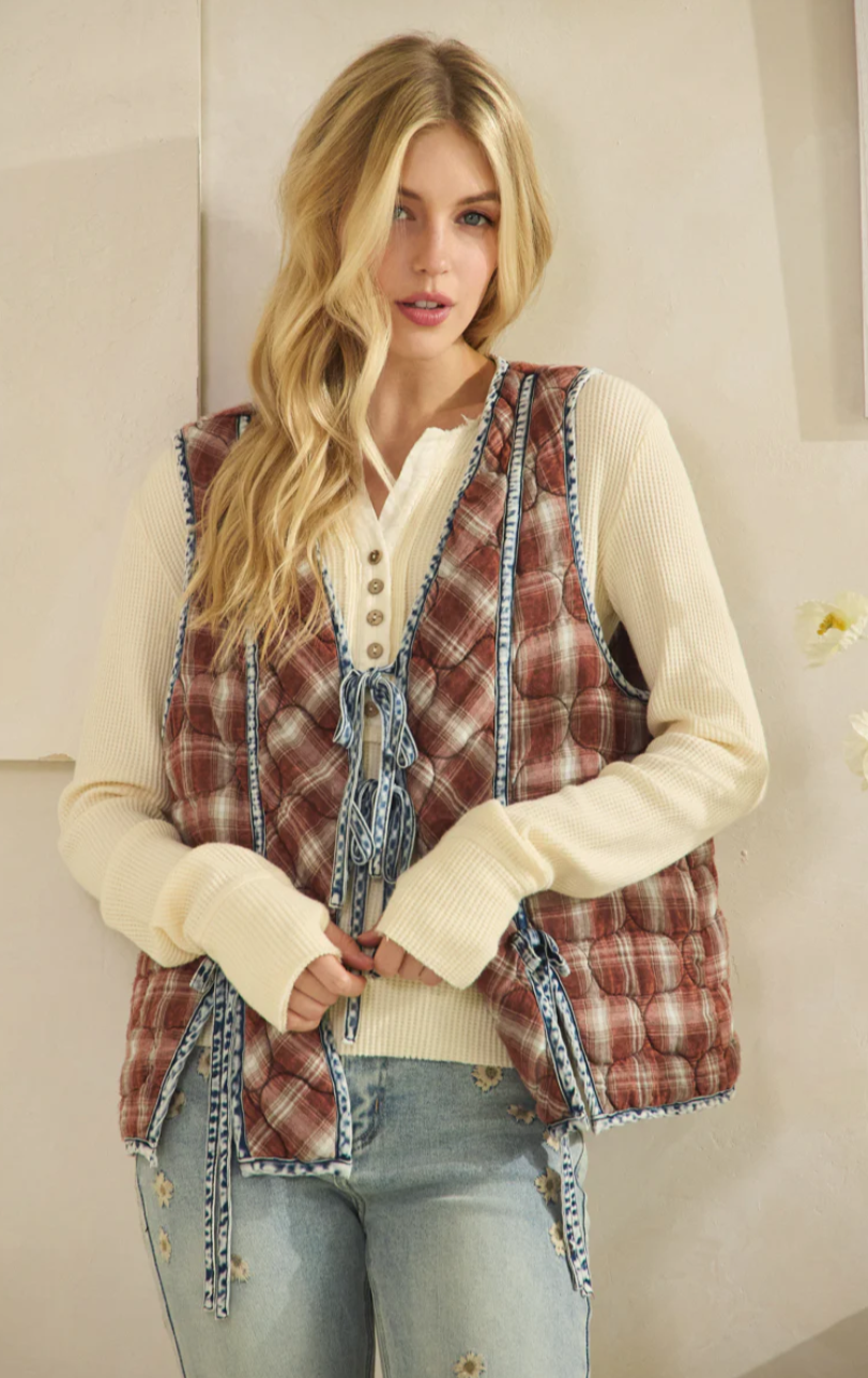 Washed Tie Front Quilted Vest
