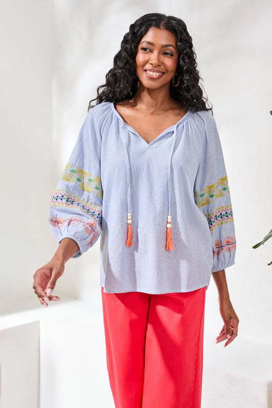 Embroidered Raglan Sleeve Striped Blouse