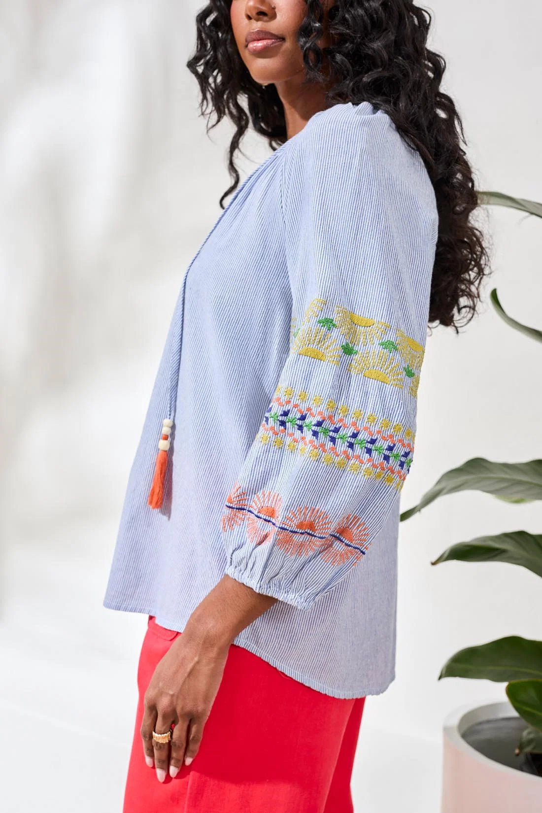 Embroidered Raglan Sleeve Striped Blouse