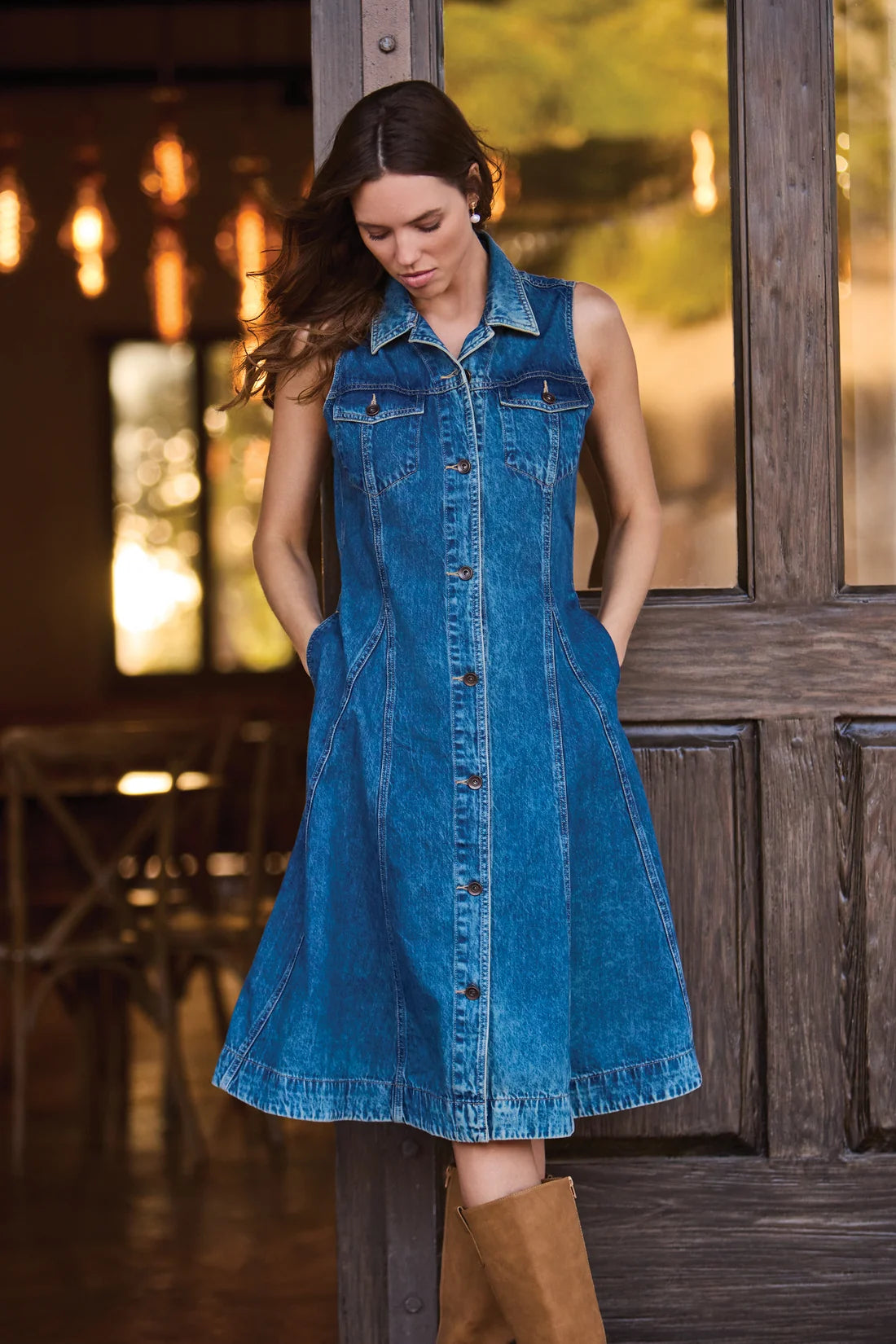 Flowy Denim Button Up Dress With Pockets