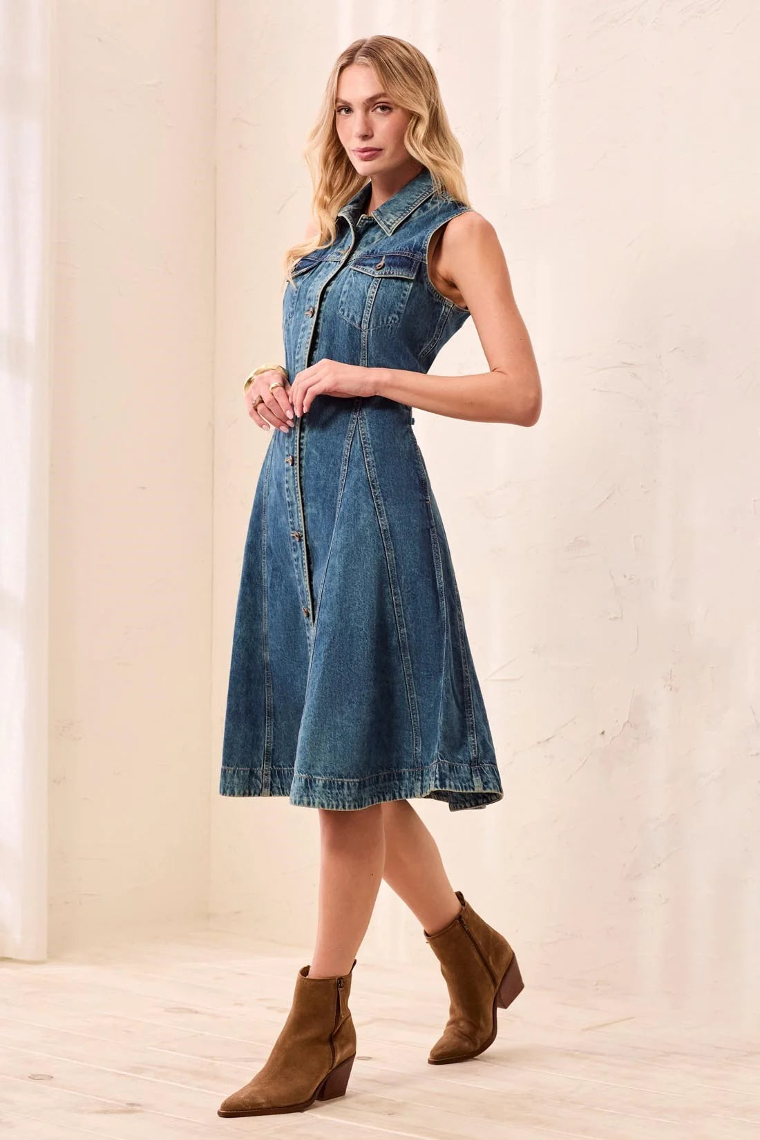 Flowy Denim Button Up Dress With Pockets