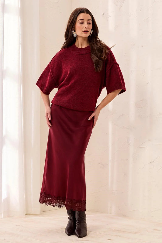 Cherry Red Satin Lace Skirt