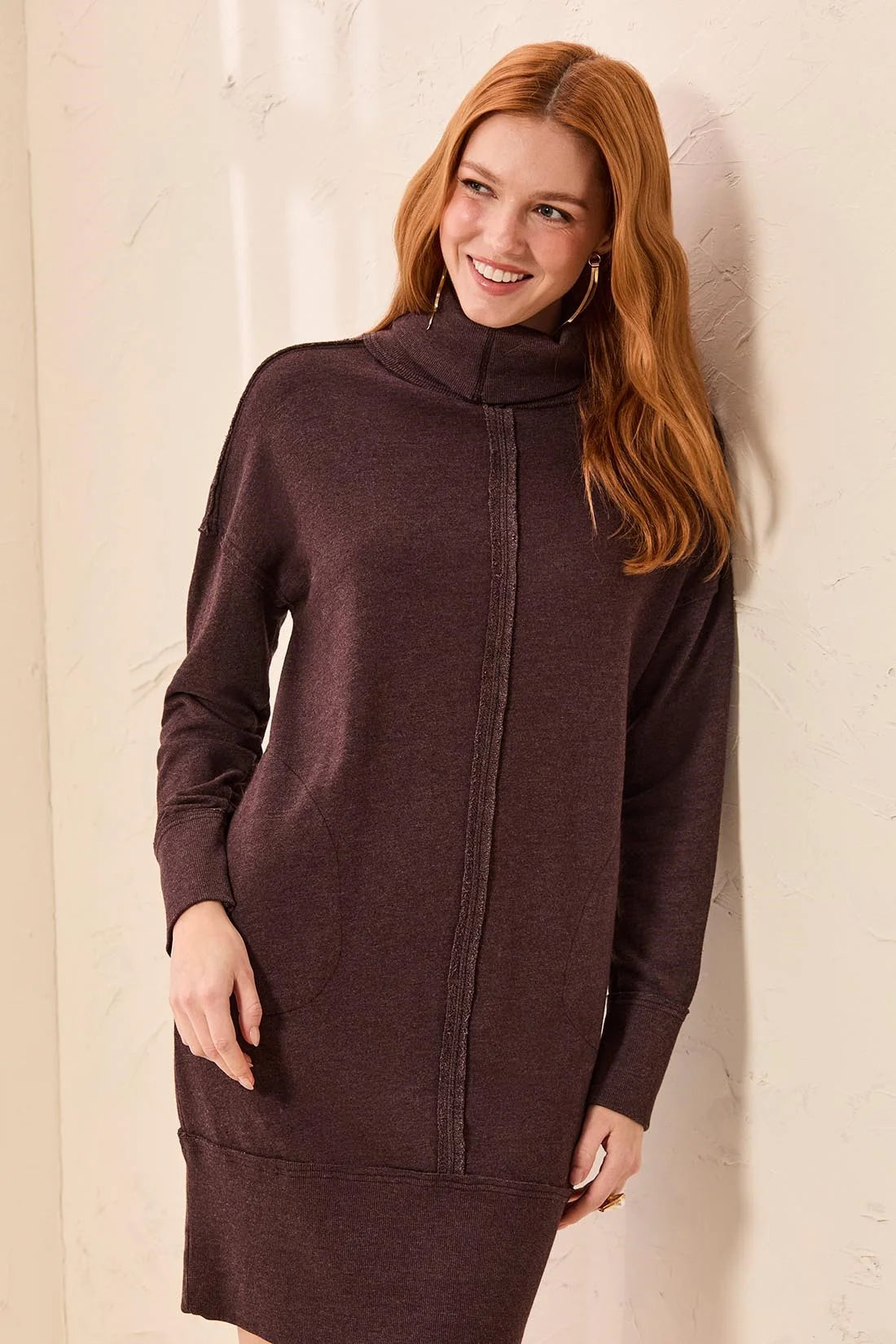 French Terry Turtleneck Knit Sweater Dress