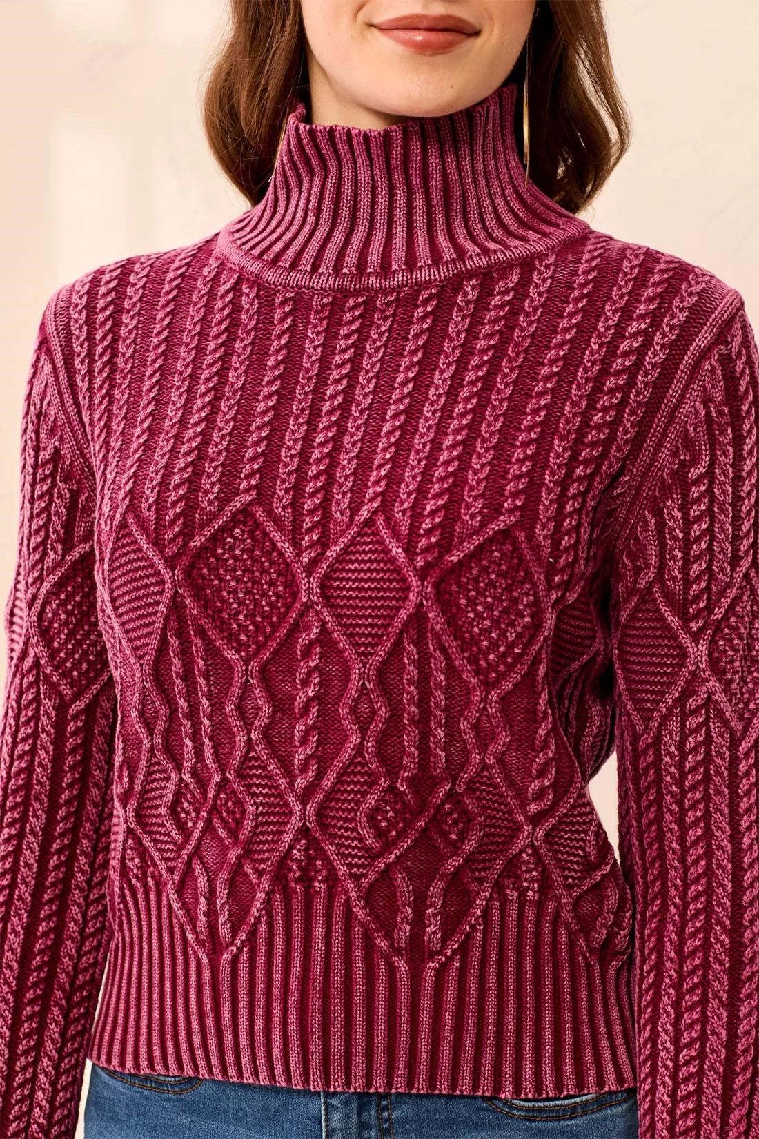 Cherry Cable Knit Mock Neck Sweater