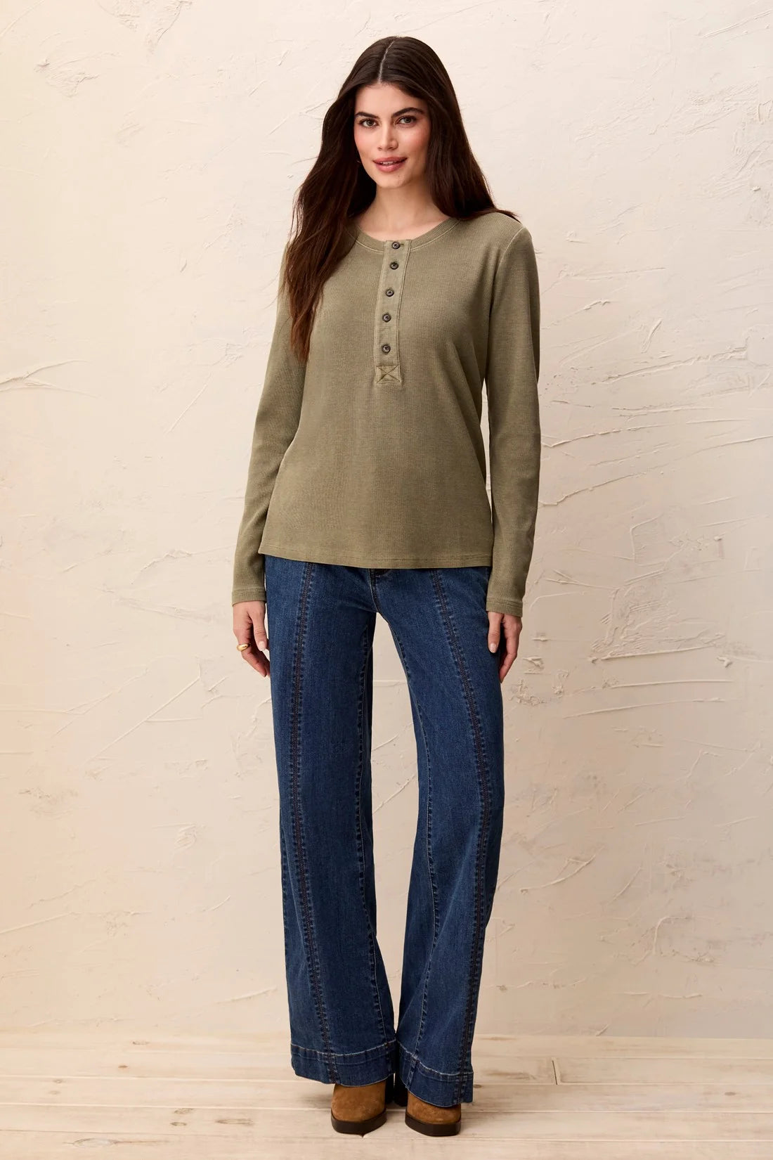 Ribbed Olive Henley Top With Buttons
