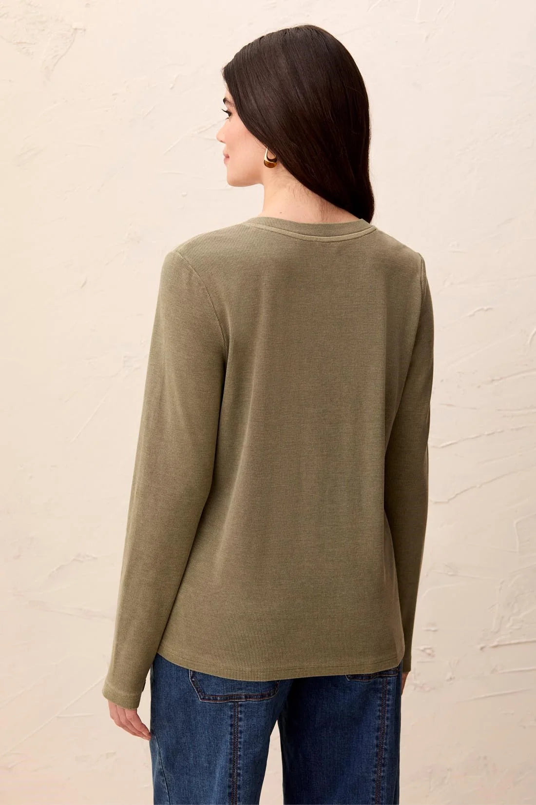 Ribbed Olive Henley Top With Buttons