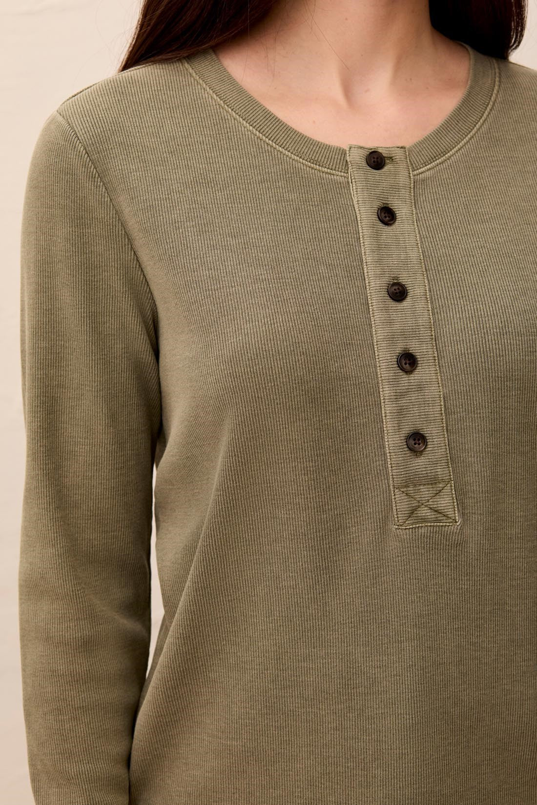 Ribbed Olive Henley Top With Buttons