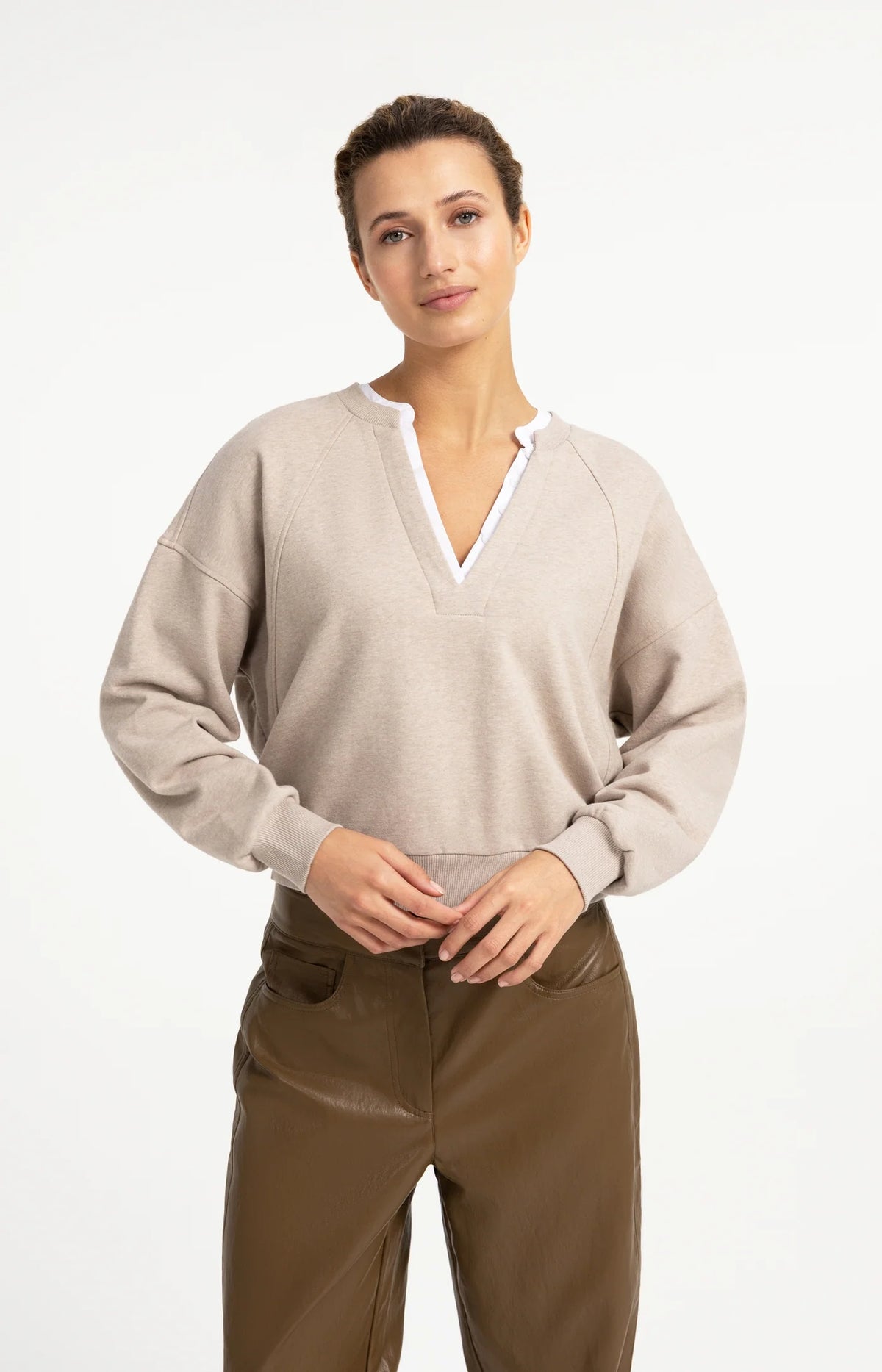 V-neck Sweatshirt With Woven Collar