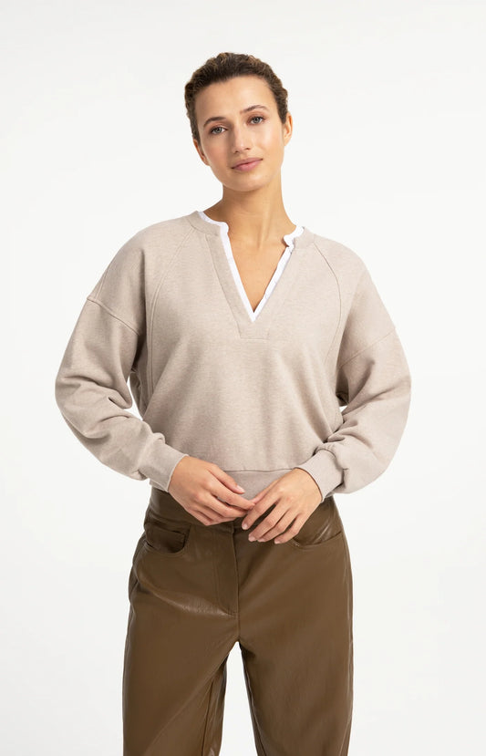V-neck Sweatshirt With Woven Collar