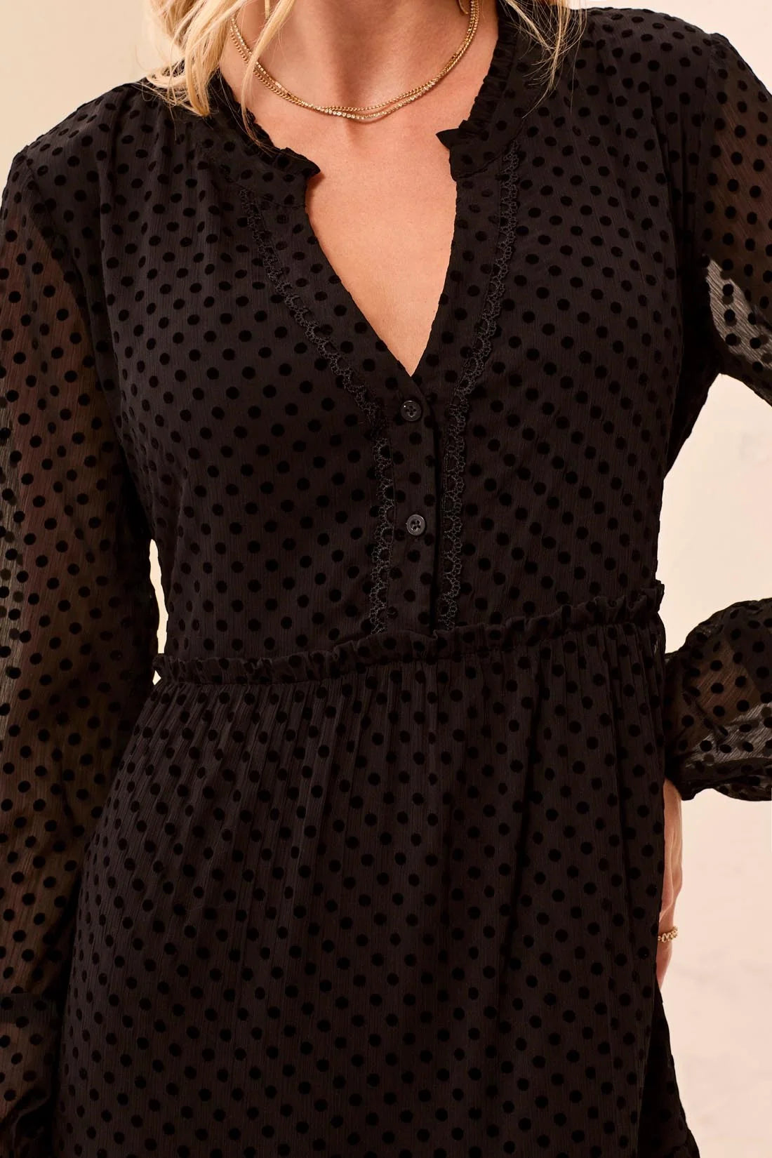 Polka Dot Chiffon Split Neck Dress