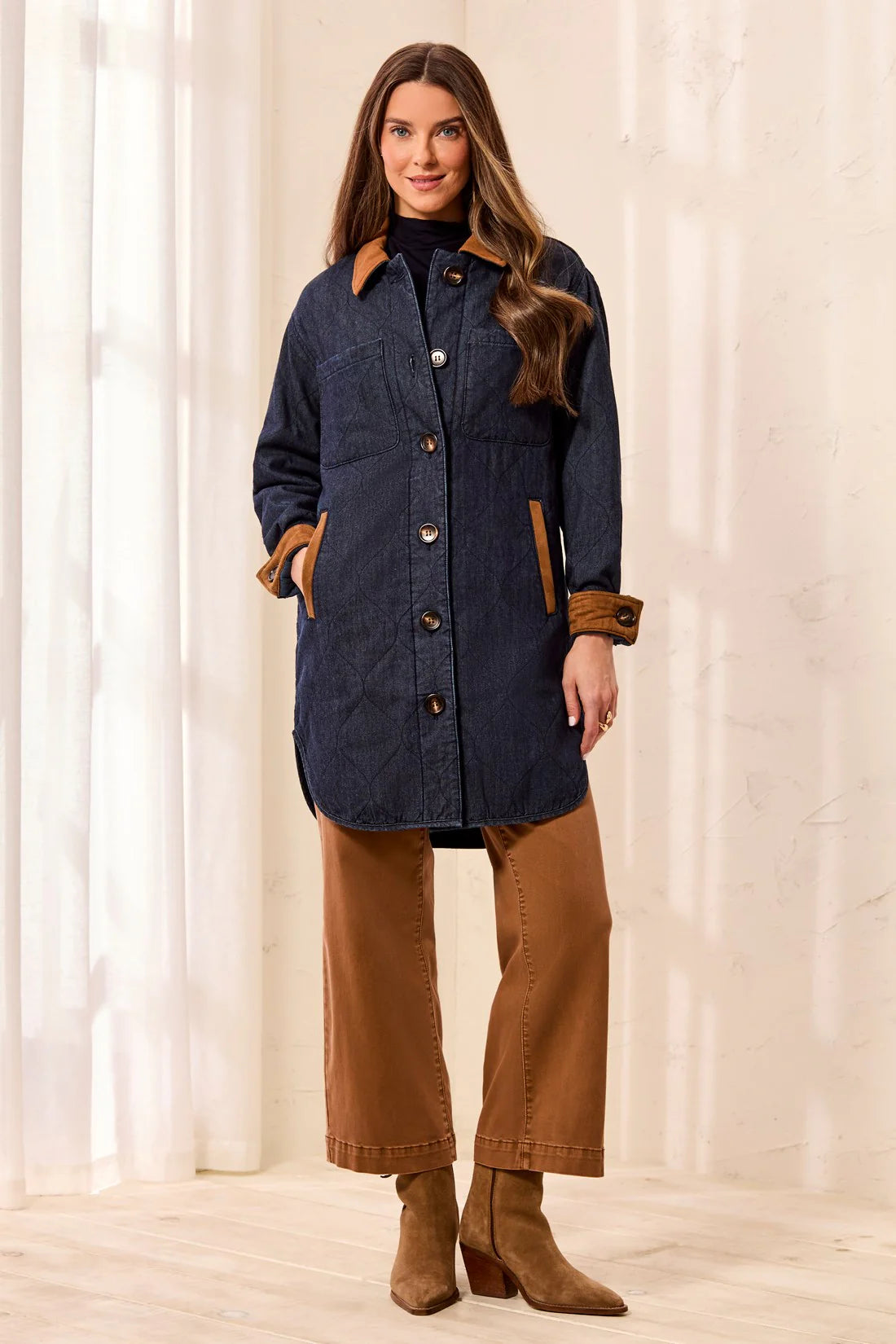 Quilted Denim Jacket With Suede Collar