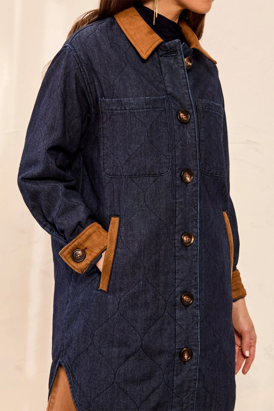 Quilted Denim Jacket With Suede Collar