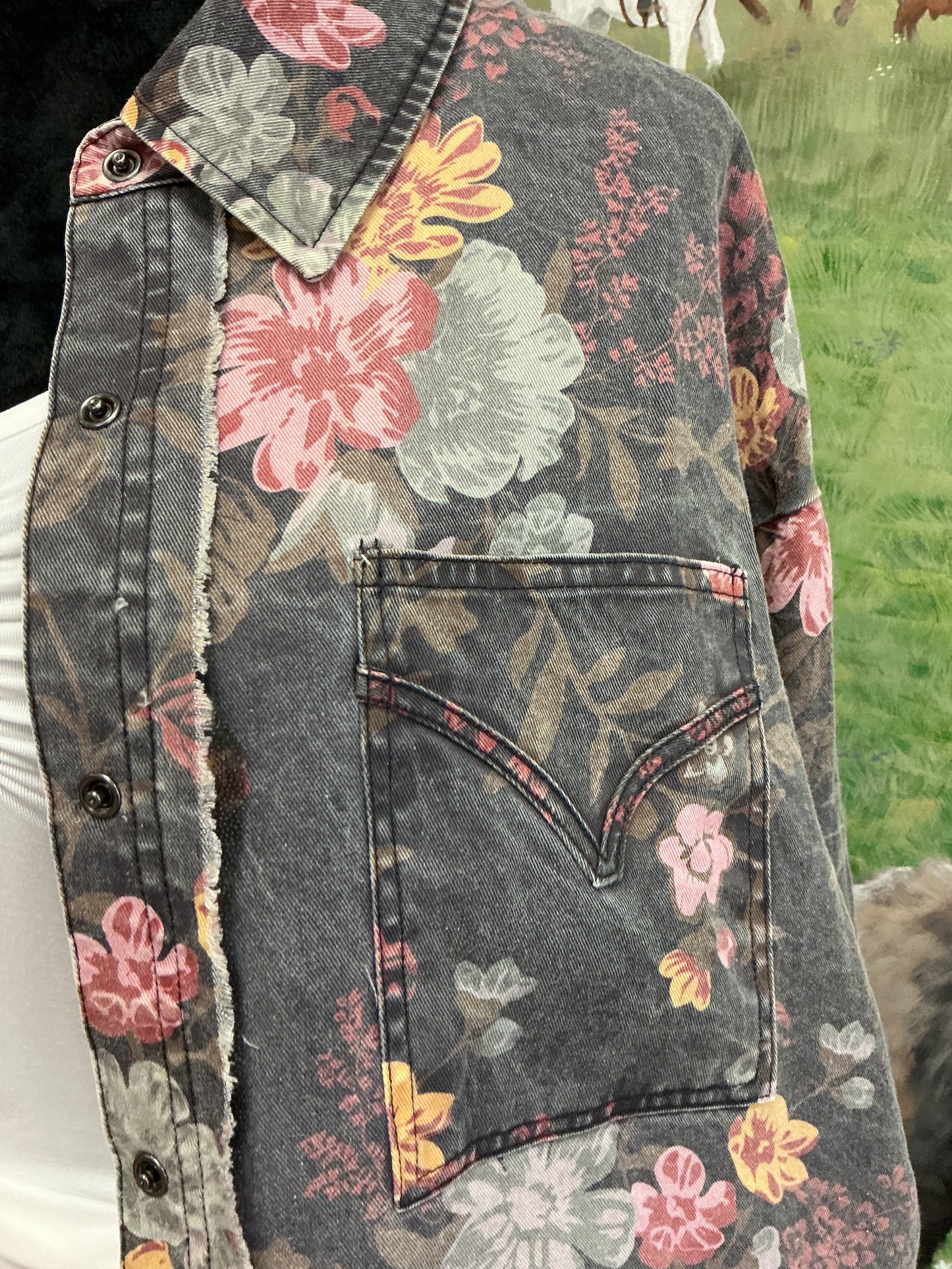 Washed Button Front Flower Patternlong Sleeve Shirt