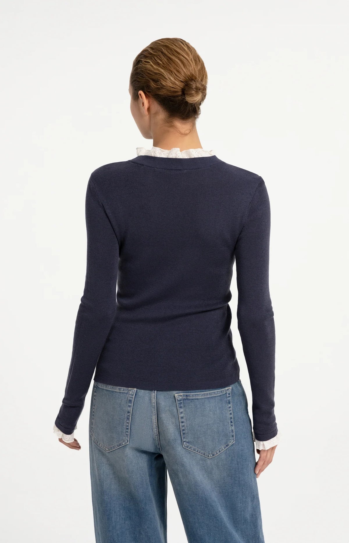 Odyssey Grey Ribbed Sweater With Lace Ruffles