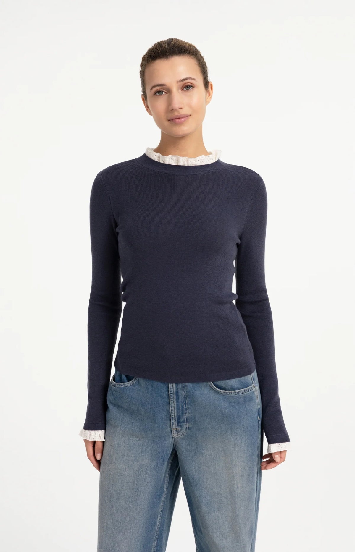 Odyssey Grey Ribbed Sweater With Lace Ruffles
