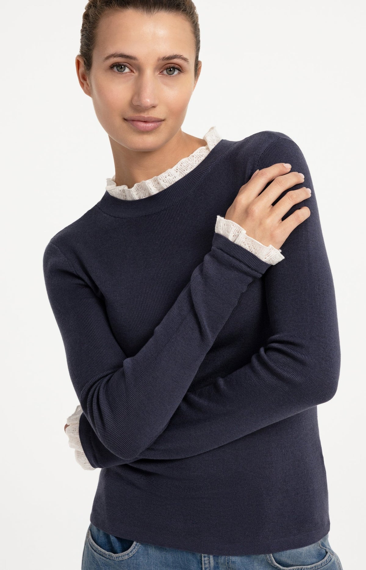 Odyssey Grey Ribbed Sweater With Lace Ruffles