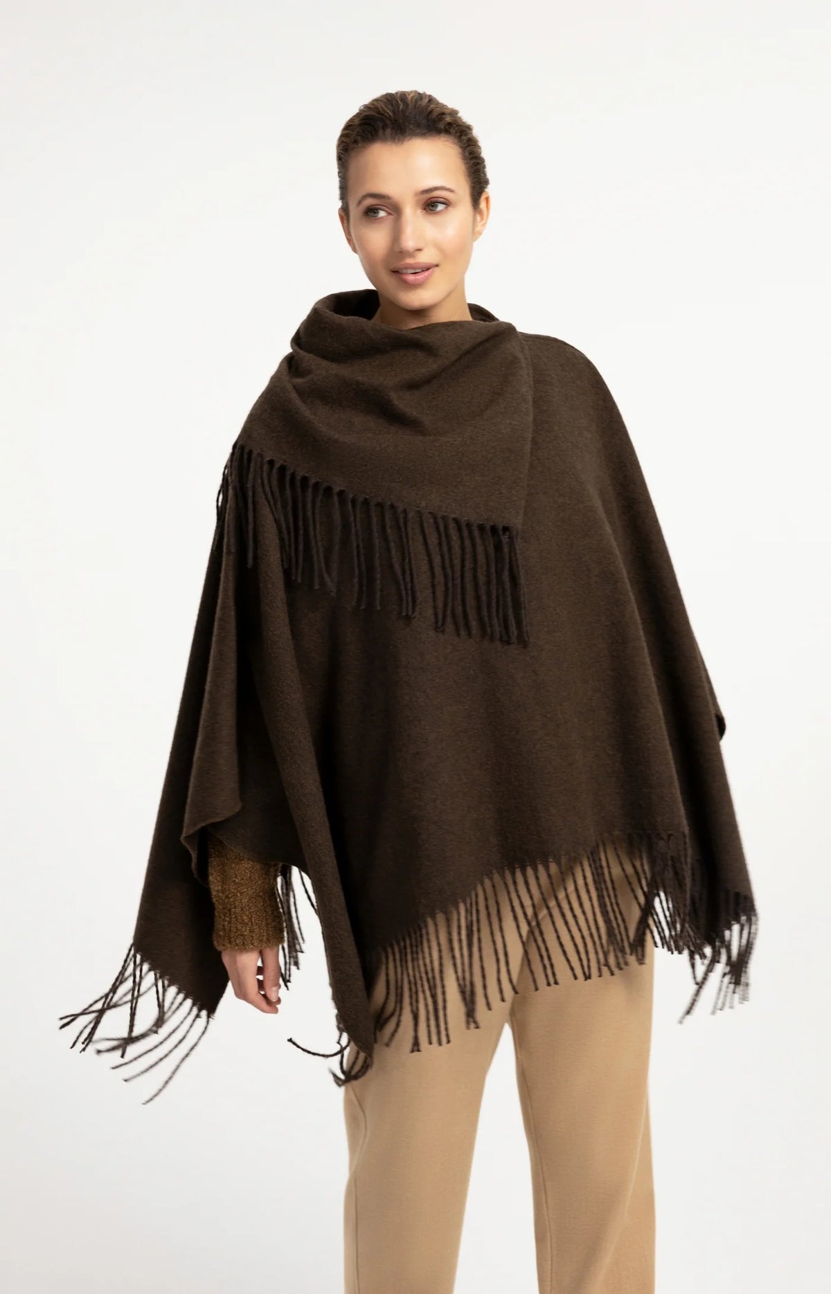 Umber Poncho With Twisted Fringes